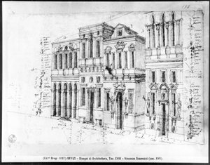 Tekening van de gevel van de Galleria degli Uffizi, ontworpen door Giorgio Vasari en voltooid door Bernardo Buontalenti en Alfonso Parigi in 1580 door Vincenzo Scamozzi